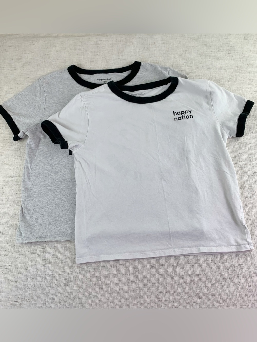 Lotbof 2 Happy Nation girl's White & Gray‎ graphic Tee with Black Trim cotton